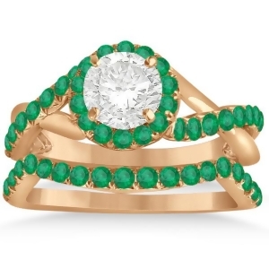 Twisted Shank Shank Halo Emerald Bridal Set Setting 14k R. Gold 0.50ct - All