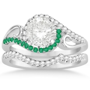 Swirl Bypass Halo Diamond and Emerald Bridal Set 14k White Gold 0.36ct - All