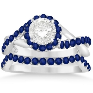 Twisted Shank Halo Blue Sapphire Bridal Set Setting 14k W Gold 0.50ct - All