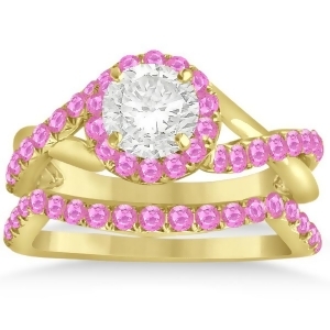 Twisted Shank Halo Pink Sapphire Bridal Set Setting 14k Y. Gold 0.50ct - All