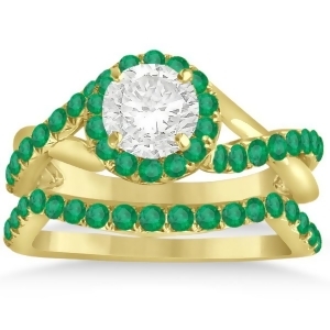 Twisted Shank Shank Halo Emerald Bridal Set Setting 14k Y. Gold 0.50ct - All
