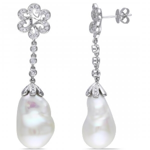 Freshwater White Pearl Flower Earrings 14k W Gold 13-13.5mm 0.50ct - All