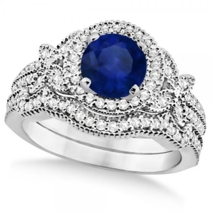 Butterfly Halo Diamond Blue Sapphire Bridal Set in 14k White Gold 1.58ct - All