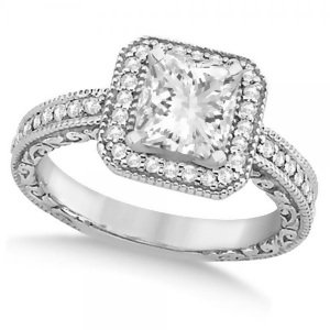 Milgrain Halo Princess Diamond Engagement Ring 14k White Gold 1.00ct - All