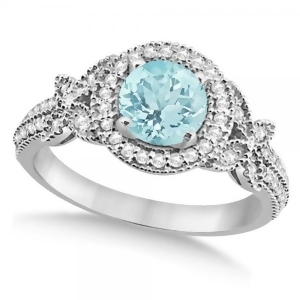Halo Diamond Butterfly Aquamarine Engagement Ring 14k White Gold 1.33ct - All