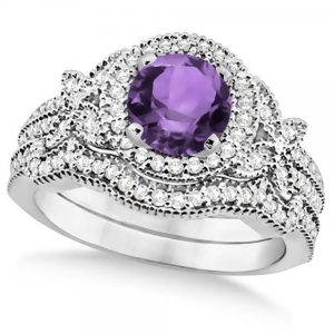 Butterfly Halo Diamond Amethyst Bridal Set in 14k White Gold 1.58ct - All