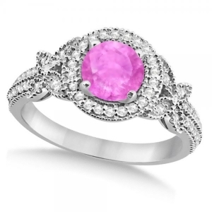 Halo Diamond Butterfly Pink Sapphire Engagement Ring 14k White Gold 1.33ct - All