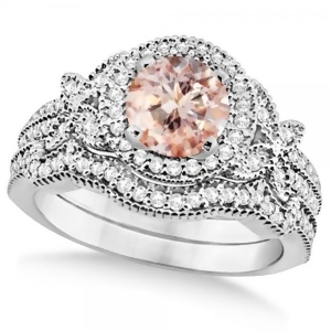 Butterfly Halo Diamond Morganite Bridal Set in 14k White Gold 1.58ct - All