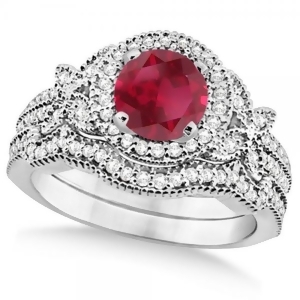 Butterfly Halo Diamond Ruby Bridal Set in 14k White Gold 1.58ct - All