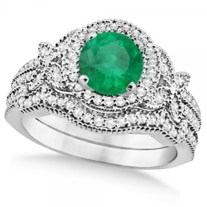 Butterfly Halo Diamond Emerald Bridal Set in 14k White Gold 1.58ct - All