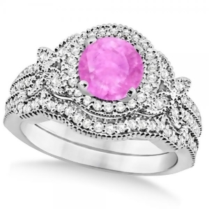 Butterfly Halo Diamond Pink Sapphire Bridal Set in 14k White Gold 1.58ct - All