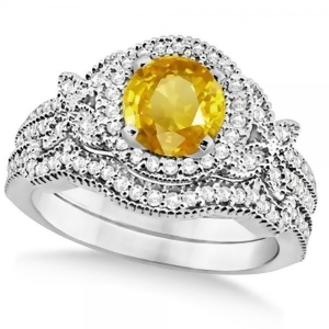 Butterfly Halo Diamond Yellow Sapphire Bridal Set in 14k White Gold 1.58ct - All