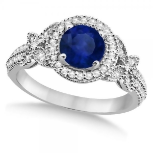 Halo Diamond Butterfly Blue Sapphire Engagement Ring 14k White Gold 1.33ct - All