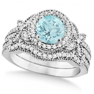 Butterfly Halo Diamond Aquamarine Bridal Set in 14k White Gold 1.58ct - All