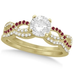 Infinity Twisted Round Diamond Ruby Bridal Set 14k Yellow Gold 0.63ct - All