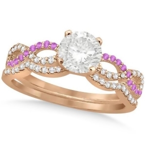 Infinity Round Diamond Pink Sapphire Bridal Set 14k Rose Gold 0.88ct - All