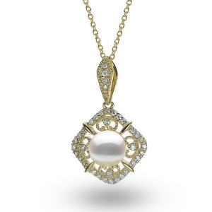 Antique Style Pearl and Diamond Pendant Necklace 14k Yellow Gold 0.21ct - All