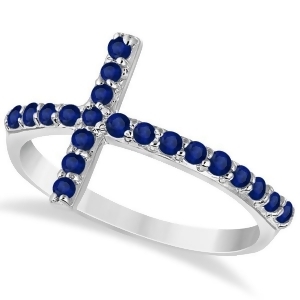Modern Sideways Blue Sapphire Cross Fashion Ring in 14k White Gold 0.42ct - All