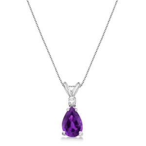 Pear Amethyst and Diamond Solitaire Pendant Necklace 14k White Gold 0.75ct - All