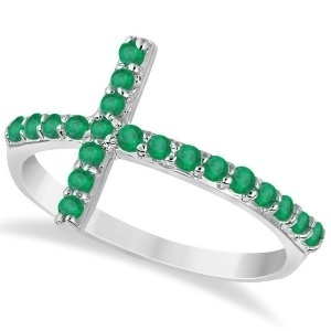 Modern Sideways Emerald Cross Fashion Ring in 14k White Gold 0.42ct - All