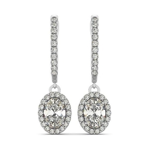 Oval Cut Halo Diamond Drop Earrings in 14k White Gold 1.40ct - All