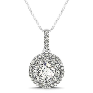 Round Cut Double Halo Diamond Pendant Necklace 14k White Gold 1.25ct - All