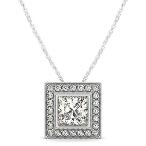 Halo Princess Cut Diamond Pendant Necklace 14k White Gold 1.75ct - All
