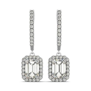 Emerald Cut Halo Diamond Drop Earrings in 14k White Gold 2.60ct - All