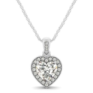 Heart Shaped Diamond Pendant Halo Necklace 14k White Gold 0.85ct - All