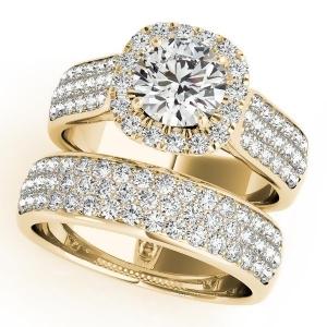 Three Row Halo Diamond Engagement Ring Bridal Set 14k Y. Gold 2.38ct - All