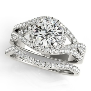Twisted Halo Engagement Ring Bridal Set 18k White Gold 1.12ct - All