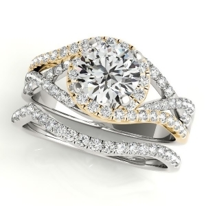 Twisted Halo Engagement Ring Bridal Set 14k Two Tone Y. Gold 1.12ct - All
