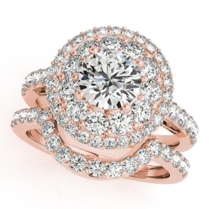 Double Halo Diamond Engagement Ring Bridal Set 14k Rose Gold 2.33ct - All