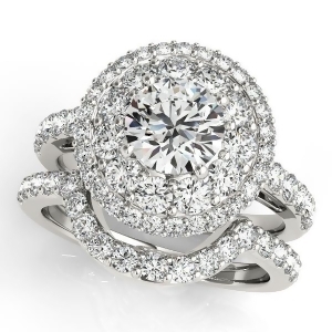 Double Halo Diamond Engagement Ring Bridal Set 18k White Gold 2.33ct - All