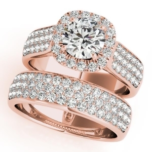 Three Row Halo Diamond Engagement Ring Bridal Set 14k R. Gold 2.38ct - All