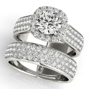 Three Row Halo Diamond Engagement Ring Bridal Set 18k W. Gold 2.38ct - All