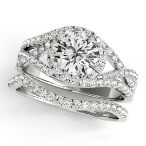 Twisted Halo Engagement Ring Bridal Set 14k White Gold 1.12ct - All