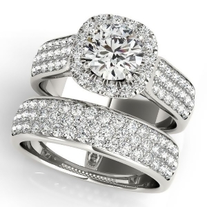 Three Row Halo Diamond Engagement Ring Bridal Set Palladium 2.38ct - All