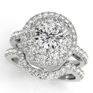 Double Halo Diamond Engagement Ring Bridal Set 14k White Gold 2.33ct - All