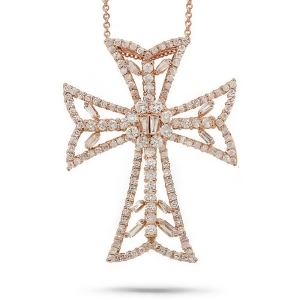 2.34Ct 18k Rose Gold Diamond Cross Pendant Necklace - All