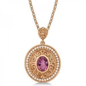 Vintage Diamond Pink Tourmaline Pendant Necklace 14k Rose Gold 1.75ct - All