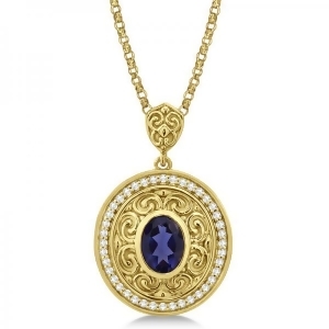 Vintage Diamond Iolite Pendant Necklace in 14k Yellow Gold 1.75ct - All