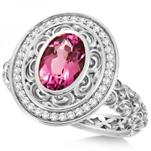 Diamond and Oval Pink Tourmaline Halo Carved Ring 14k White Gold 1.20ct - All