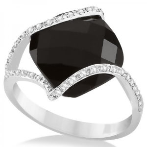 Diamond and Cushion Cut Black Onyx Fashion Ring 14k White Gold 7.04ct - All