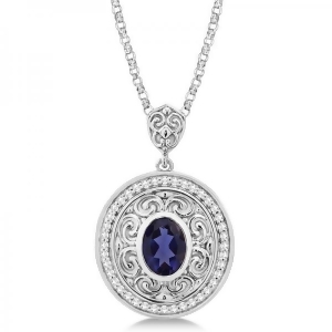 Vintage Diamond Iolite Pendant Necklace in 14k White Gold 1.75ct - All