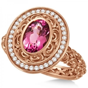 Diamond and Oval Pink Tourmaline Halo Carved Ring 14k Rose Gold 1.20ct - All