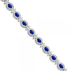 Blue Sapphire Diamond Flower Fashion Bracelet 14k White Gold 11.92ct - All
