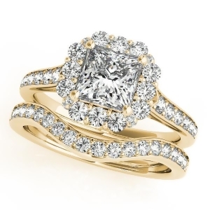 Princess Cut and Floral Halo Diamond Bridal Set 14k Yellow Gold 1.58ct - All