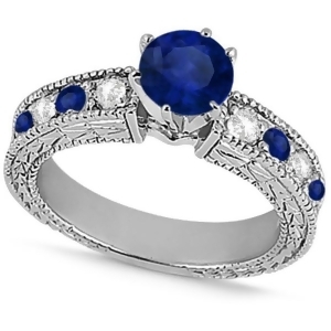 Diamond and Blue Sapphire Vintage Engagement Ring in 18k White Gold 1.75ct - All