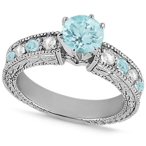 Diamond and Aquamarine Vintage Engagement Ring in 14k White Gold 1.75ct - All